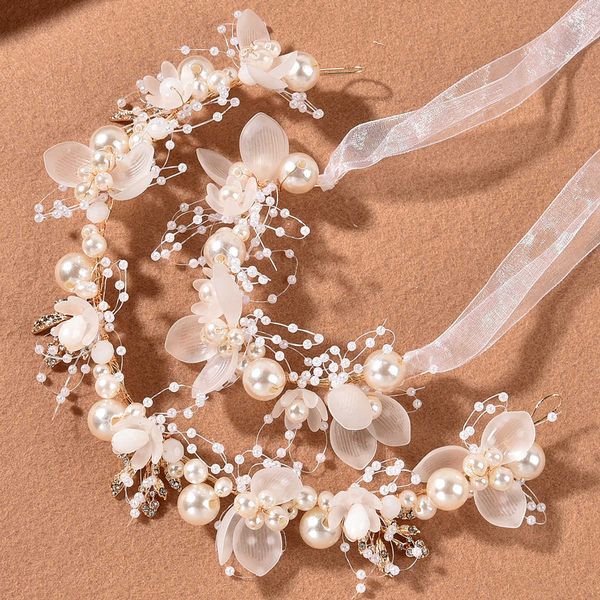 

wedding hair jewelry flower wedding headband bride hair jewelry for women with ribbon pearl hair vines flower headpiece girls elegant party, Slivery;golden