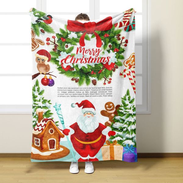 

Christmas Cartoon Santa Snowman Printed Cover Flannel Blanket, Pink
