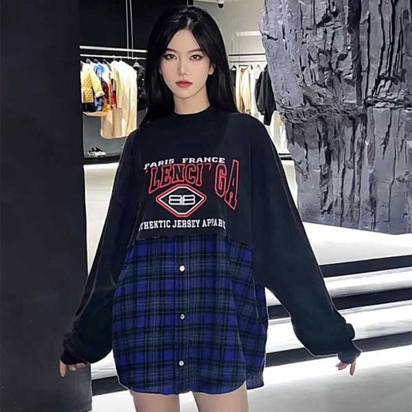 

designer t shirt high edition family embroidery large panel plaid fabric contrast mesh red matching long sleeve t-shirt, White;black