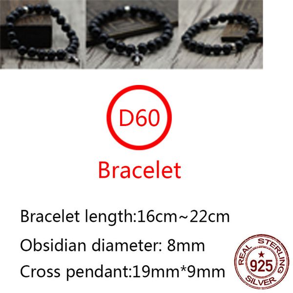 

d60 s925 sterling silver bracelet personality fashion obsidian beads cross flower lovers jewelry punk hip-hop style jewelry gift for lovers, Black