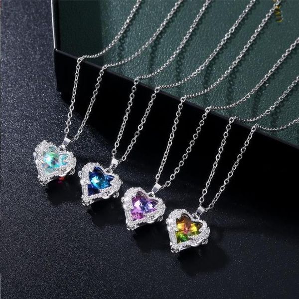 

heart of the ocean crystal pendant with k gold inlaid heart necklace 2023 summer new collarbone chain women's accessory chain, Silver