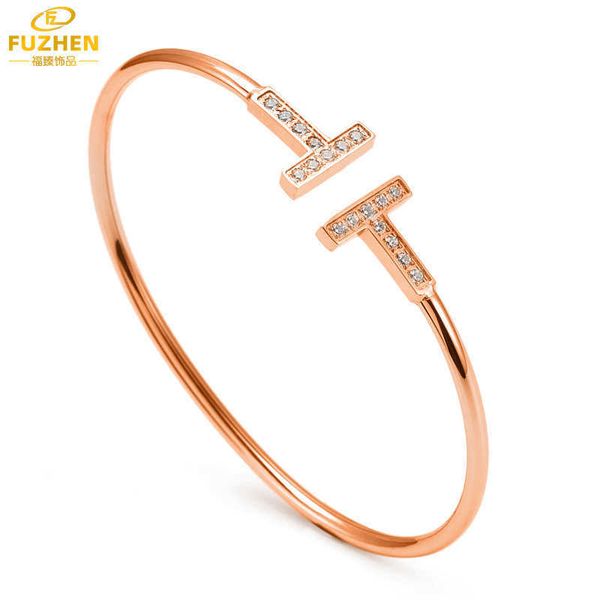 

8jl6 net red the same tiffay fashion classic couple accessories gift double t diamond inlaid stainless steel open bracelet, Black