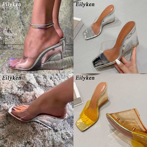 

sandals fashion crystal clear women slippers sandals candy colors pvc high heels mules slides summer female jelly shoes 230316, Black