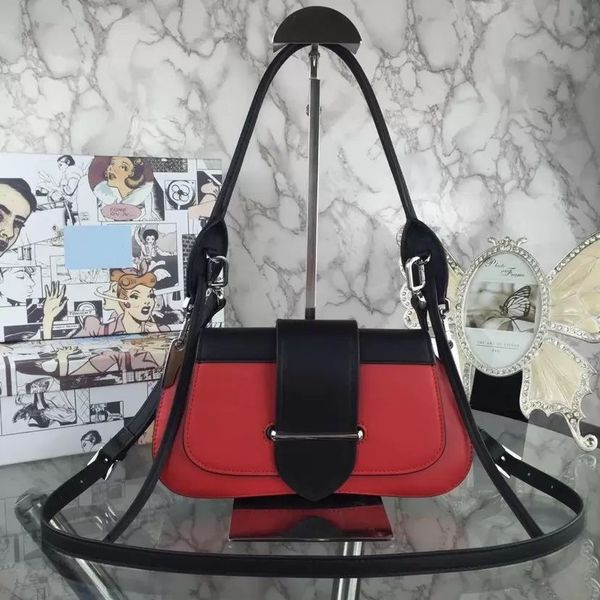 

2023 calfskin bag polished white steel hardware solid color women's shoulder bag splicing handbag with box, Black;red