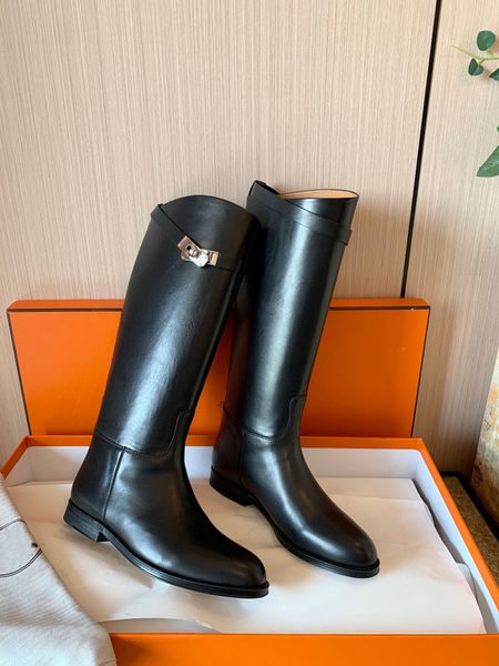 tall boot smooth calfskin Buckle Slip-On Knight Boots chunky heel leather Round toe knee-high riding boots luxury designers flats heel Rubber sole women boot