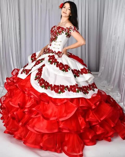 

charro sweet 16 girls quinceanera dresses embroidered floral lace appliques tiered ruffles ball gown prom brithday party gowns 2 in 1 off sh, Blue;red