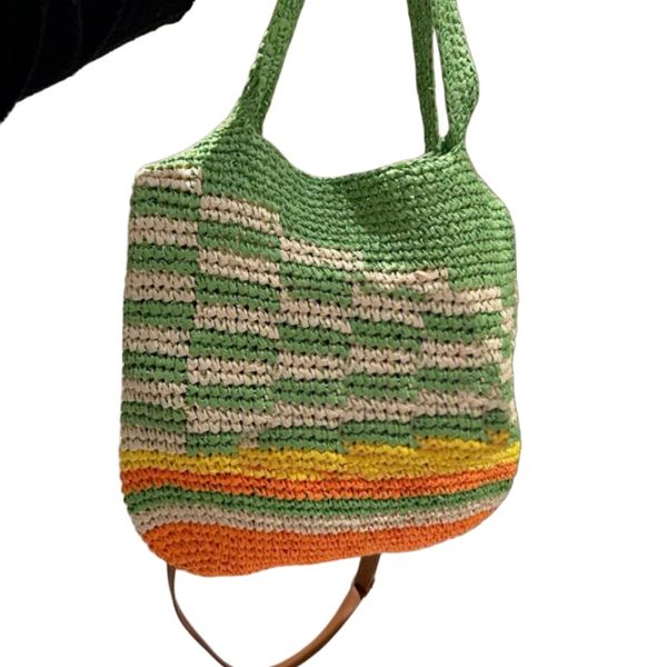 

Le Striped Square Straw Tote Bag Raffia Straw Anagram Basket Embroidered Logo Straw Woven Shopping Bag Gingham Tote, Style1 #green