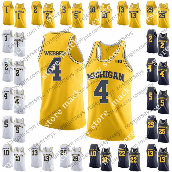 

college basketball wears michigan wolverines #4 webber 5 rose 10 hardaway jr. walton 25 howard 41 rice chris jalen tim derrick juwan glen co, Black