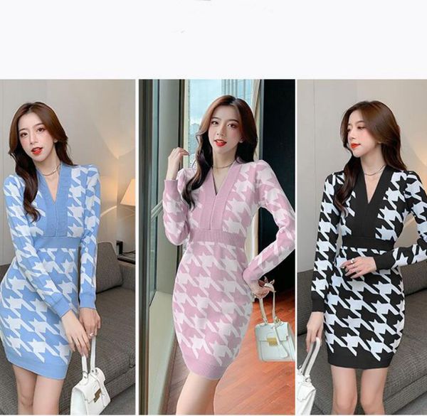 

european american women dress printing v-neck plaid slim checker versatile wrap hip skirt knit dress, Black;gray