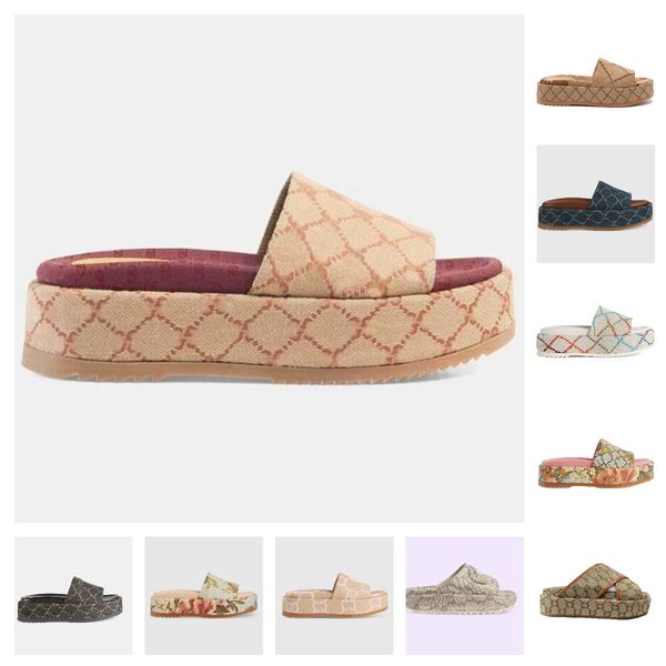

embroidered platform sandals fashion summer canvas women slides platforms slider beach flip flops with dust bag with original box, Black