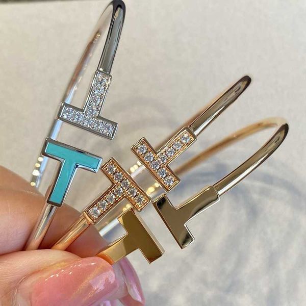 

original tiffay white fritillaria double t bracelet female 925 pure silver plated 18k gold open elastic diamond blue, Black