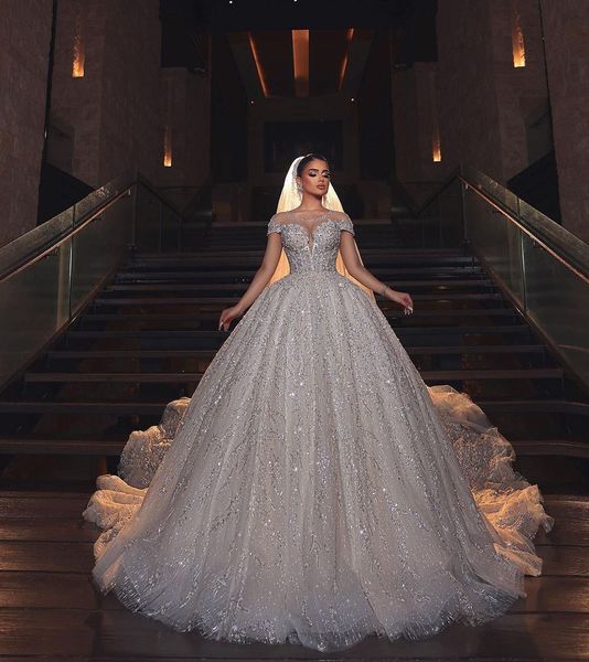 

luxury ball gown wedding dresses cape sleeves v neck sequins appliques ruffles bridal gowns diamonds beaded formal dress plus size custom ma, White