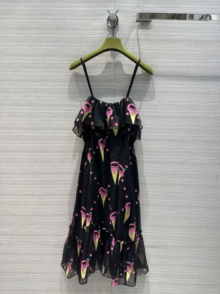 

casual dresses european designers design 2023 early spring fashion new line ice cream print strap dress, Black;gray