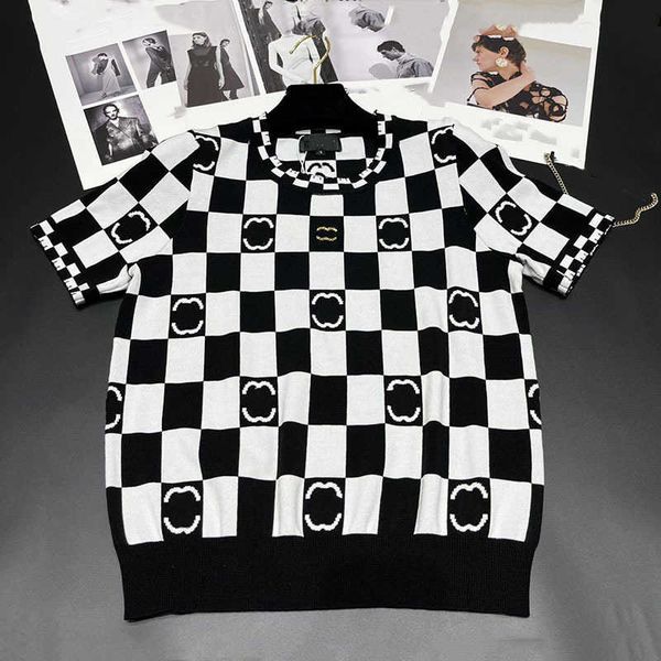 

designer t shirt shirt summer simple design round neck small westernized age reducing checker knitting slim sleeve, White;black