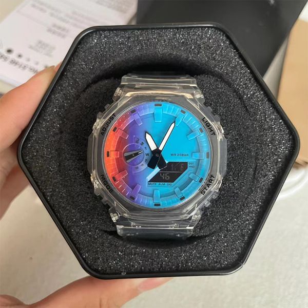 

2023 iced out watch 20 colors waterproof men's sports quartz 2100 watch full feature led automatic hand raise light world time oak coll, Slivery;brown