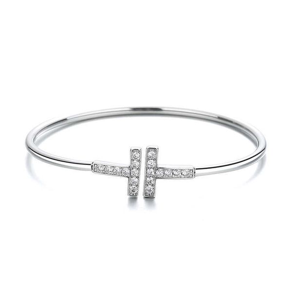 

high version silver plated tiffay diamond set double t bracelet simple temperament for women open-ended jewelry top, Black