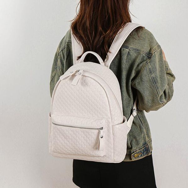 

Womens shoulder bag 4 colors college style solid leather student backpack simple Joker embossed women handbag large capacity fashion travel backpacks wholesale, Khaki