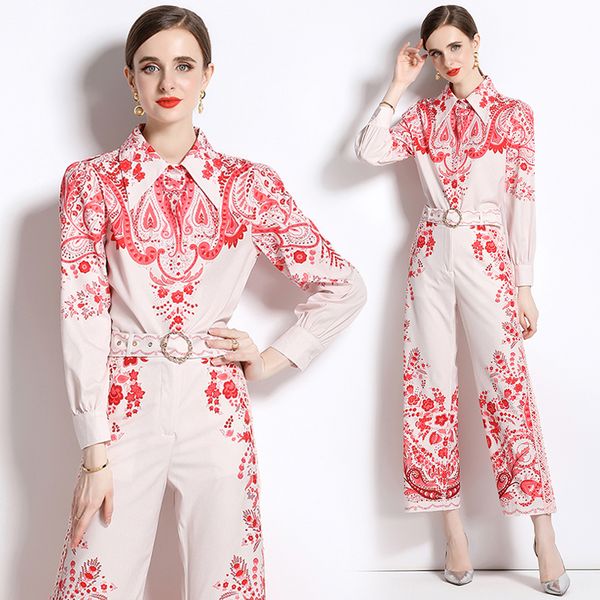

2023 baroque floral two piece pants outfits women long sleeve blouse and pant retro print woman designer 2 piece sets sweet chic vacation pa, White