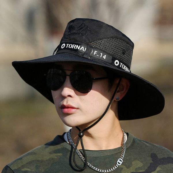 

wide brim hats bucket hats men summer flat big brim sunscreen bucket cap outdoor sport letter mountain embroidery fishing fisherman cycling, Blue;gray