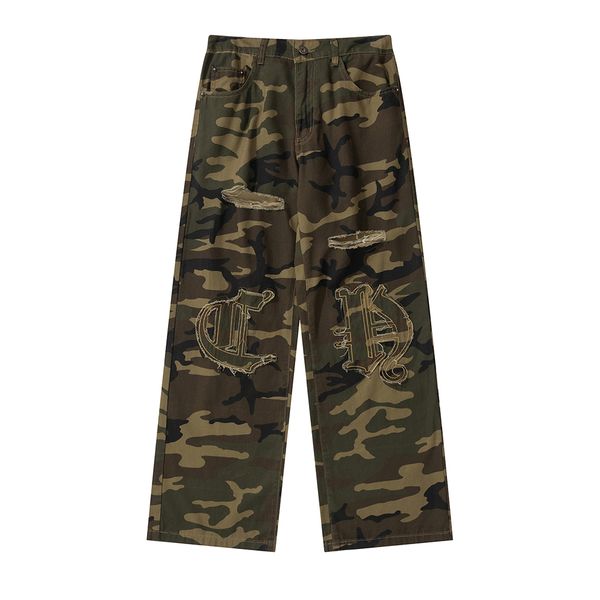 

pants high street letter embroidery camouflage wide leg cargos elastic waist streetwear baggy casual jeans trousers, Black;brown