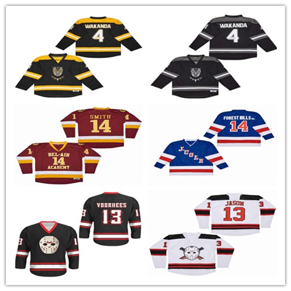 

Men Movie J.Cole Hockey Jerseys 14 Forest Hills Dr. Embroidery JASON VORHEES 13 FRIDAY THE 13TH BLACK JERSEY Black White Yellow 14 Will Smith BEL-AIR(BEL AIR) 4 WAKANDA, As pic
