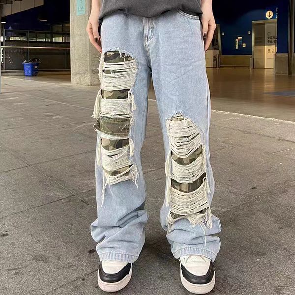 

pants camouflage straight wide leg washed jeans elastic waist streetwear baggy casual denim trousers, Black;brown