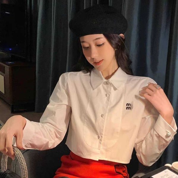

23 new women shirt designer blouse french small fragrance letter polo collar long sleeved rhinestone cardigan coat short shirts, White