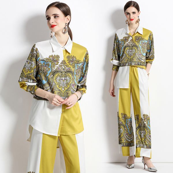 

2023 floral green outfits women pants two piece set long sleeve blouse and trousers party floral woman designer 2 piece pant sweet chic offi, White