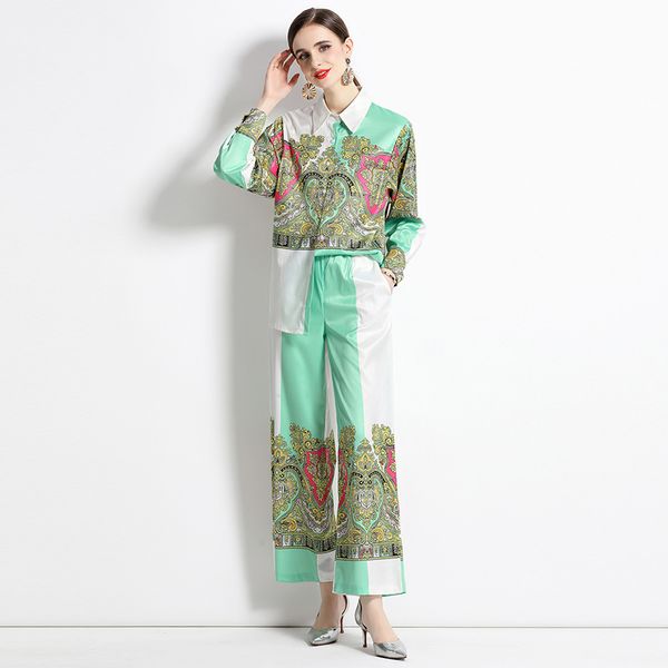

2023 floral pants green outfits women two piece set long sleeve blouse and trousers party floral woman designer 2 piece pant sweet chic offi, White
