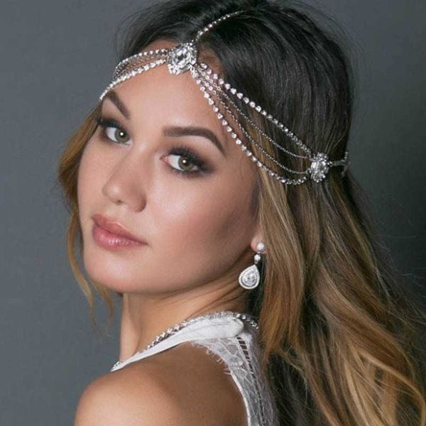 

wedding hair jewelry vintage boho headband for women luxury crystal hair jewelry multilayer tassel hair band bridal hair chain wedding acces, Slivery;golden