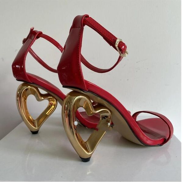 

unique heart-shaped heel women's sandals summer luxury suede one-strap fretwork strange heels party sandalias mujer, Black