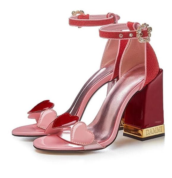 

love-heart one-strap summer sandals women letter square high heels genuine leather patchwork banquet shoes woman, Black
