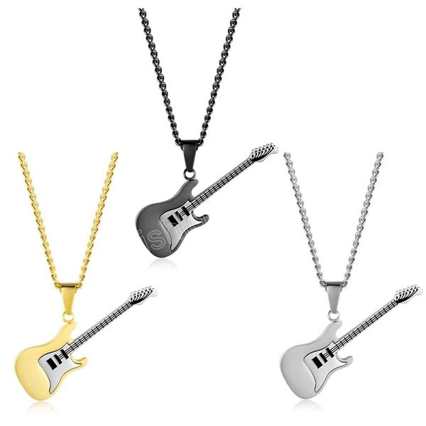 

hip hop gold black silver color fashion men women stainless steel guitar pendant jewelry chain necklace bijoux gift
