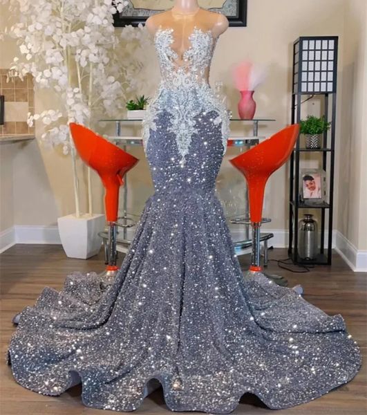 

shinning grey sequin mermaid prom dresses 2023 luxury o neck lace appliques plus size evening birthday party gowns for arabic women, Black