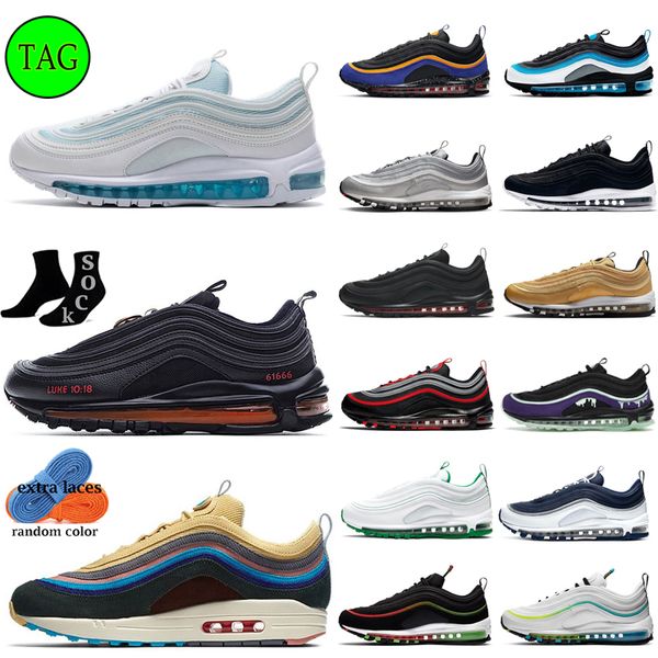 

wholesale running shoes 97 97s mens women sneakers desingner trainers hundred hollowed triple black white sillver bullet jesus satan light b