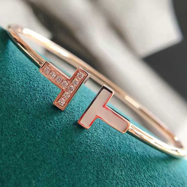

high version double t open bracelet tiffay diamond white shell rose gold couple, Black