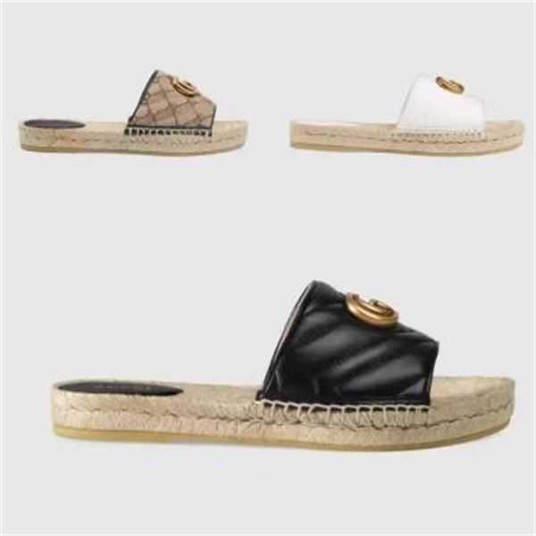 

designer summer platform casual sandals fashion golden letter logo flat bottom ladies fisherman shoes leather hemp rope grass lace woven lar, Black