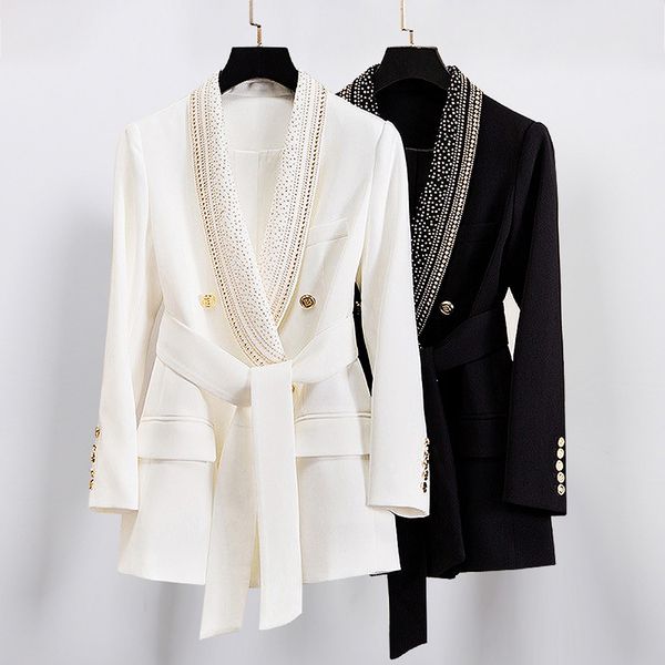 

suits & blazers 2023 spring and autumn fashion new metal belt green fruit collar mid-long quality women's suit jacket, White;black