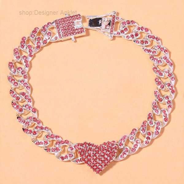 

anklets fashion hip hop crystal heart-shaped anklet for women bracelet men miami cuban link chunky wholesale foot chain iced out 2 b9gx, Red;blue