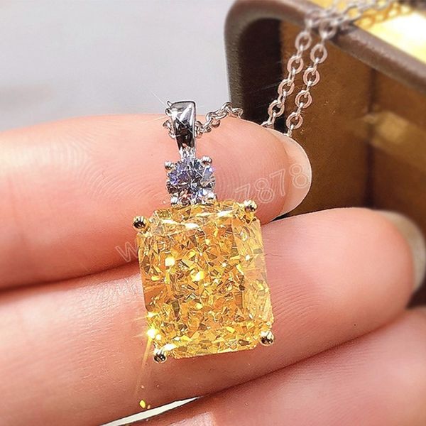 

gorgeous yellow square cubic zirconia pendent necklace women delicate engagement neck necklace gift lady's trendy jewelry, Silver