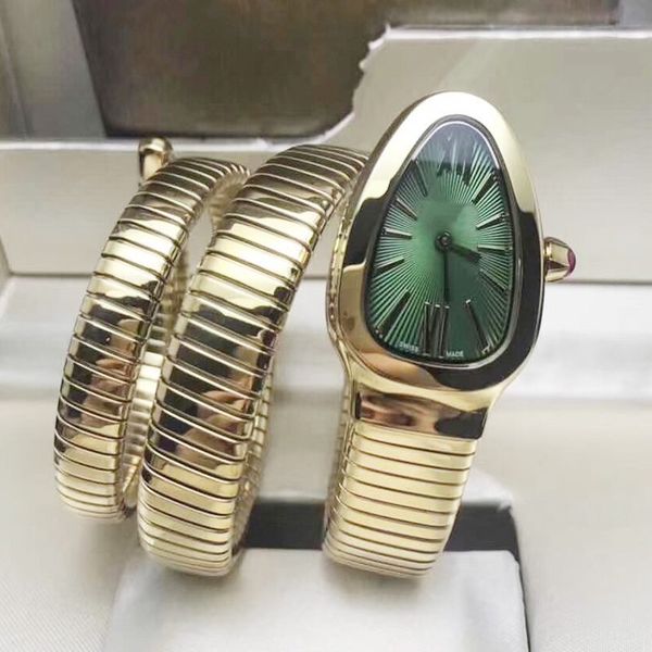 

2023 new lady bracelet watch gold snake quartz wristwatches green dail brand stainless steel band womens watches for ladies valentine gift c, Slivery;brown