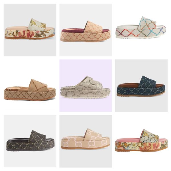 

fashion mens womens floral brocade slippers embroidered platform sandals fashion summer canvas women slides platforms slider beach flip flop, Black