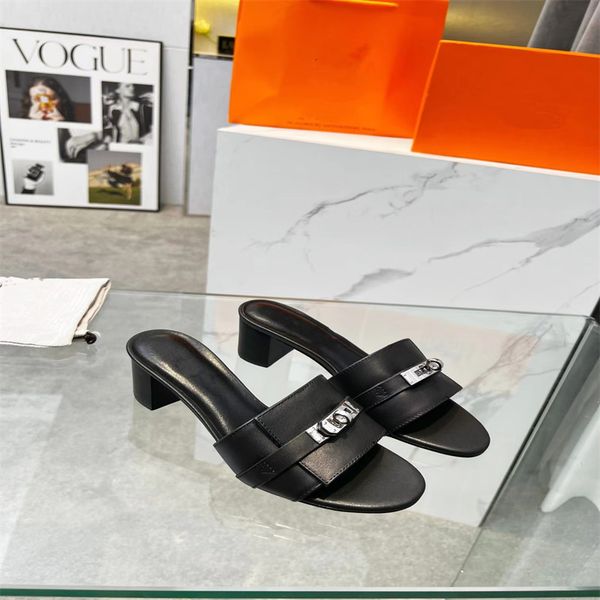 

popular shoe designer slipper women's sandal beach brown leather sandals women's high heels shoes with orange boxes and dust bags, Black