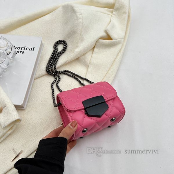 

lady style children handbags girls diamond lattice quilted one shoulder bag kids metals chain corssbody lipsticks bags z1383, Black