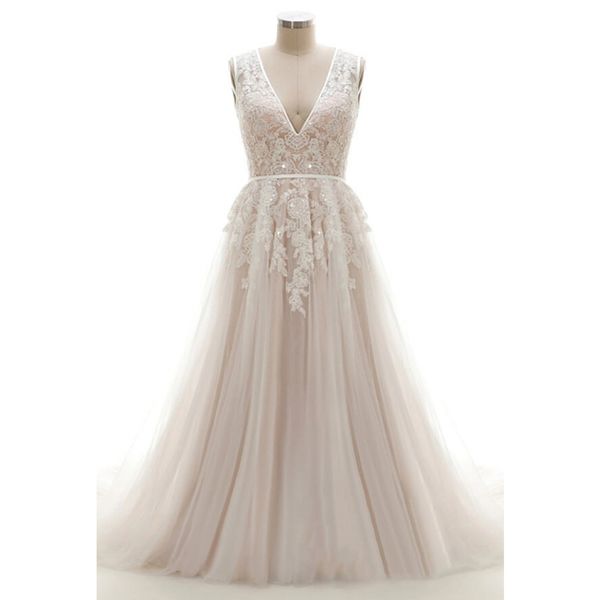 

v-neck a-line wedding dresses sleeveless lace appliques open back bridal gowns formal cusotm plus size robe de mariage spring garden, White