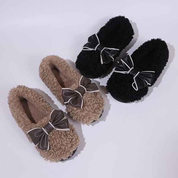 

slippers designer platform slipper Plush warm shoes decorated with bow-tie with TPR sole, Khaki