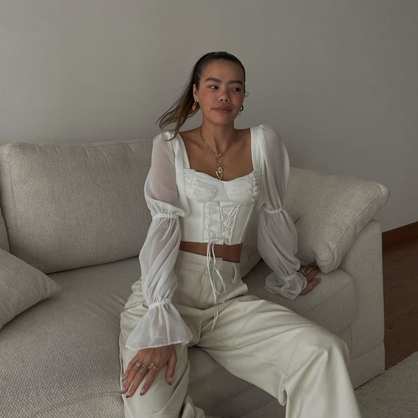 

camisoles tanks autumn puff sleeve vintage women long square neck bandage corset crop blouses elegant shirts female 220410, Black;white