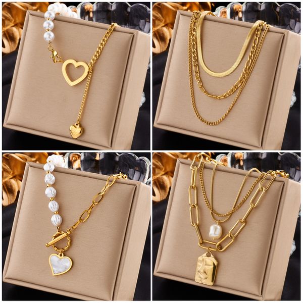 

chokers dieyuro 316l stainless steel gold color heart pearl pendant necklace for women punk street rustproof neck jewelry party gift 230410, Golden;silver