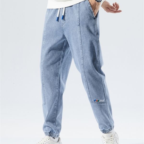 

men's jeans spring autumn plus size pocket jeans men's black blue stretch cotton denim jogger cargo pants casual loose back court