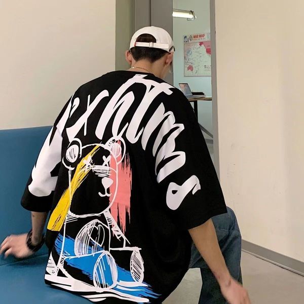 

men's t-shirts 7xl vintage bear print t shirt men japanese harajuku streetwear black half sleeve oversized summer japan tshirts male, White;black
